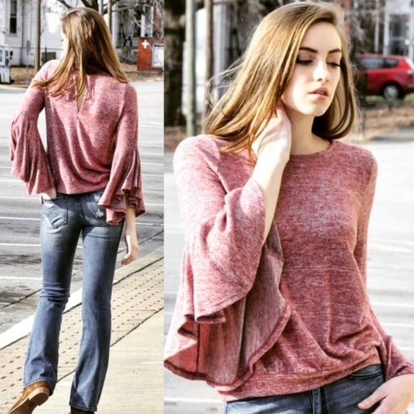 Heathered Trumpet Sleeve Knit Top - Picture 2 of 2